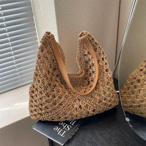 Zomer Stro Geweven Totetas Voor Vrouwen Grote Capaciteit Gehaakt Ontwerp Schoudertas Met PU-Leren Riem Vakantie Handtas