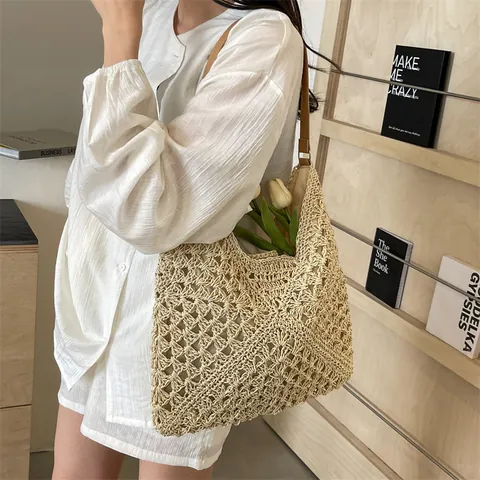 Sommer Strohgewebte Einkaufstasche Für Damen Große Kapazität Häkeldesign Schultertasche Mit PU-Lederriemen Urlaub Handtasche