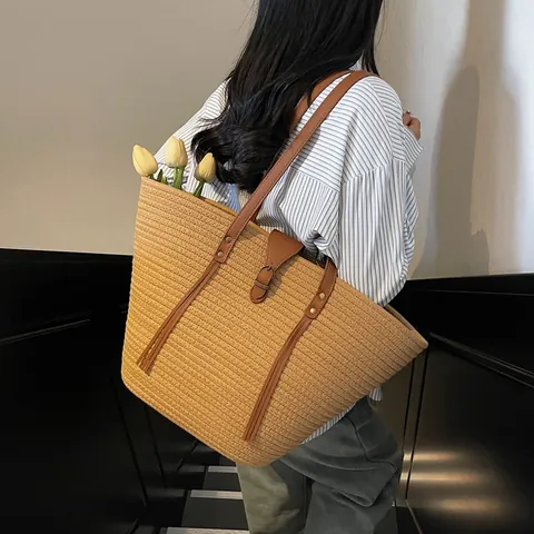 Women Large Capacity Cotton Rope Woven Tote Bag Vacation Beach Shoulder Bag With Tassels Faux Leather Straps Handbag