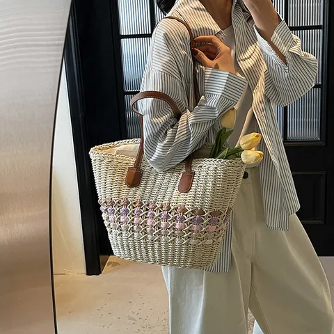 Women Hand-Woven Straw Tote Bag Large Capacity Casual Beach Shoulder Bag With PU Leather Straps Bohemian Vacation Shopping Handbag