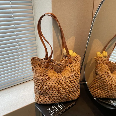 Handgefertigte Gehäkelte Gewebte Tragetasche Für Damen Vintage Hohl Blumen Schultertasche Mit Kunstledergriff Lässige Strand Einkaufstasche