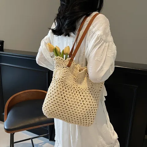 Handgefertigte Gehäkelte Gewebte Tragetasche Für Damen Vintage Hohl Blumen Schultertasche Mit Kunstledergriff Lässige Strand Einkaufstasche