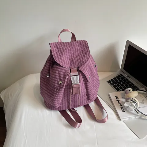Korean Style Plaid Canvas Backpack For Women Large Capacity Grid School Bag Travel Daypack Preppy Nylon Rucksack With Topstitching