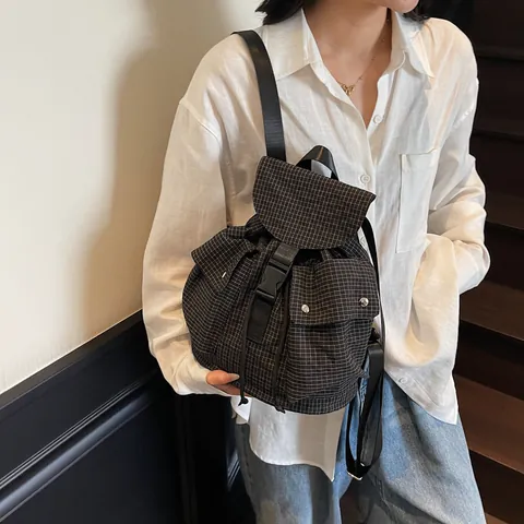 Korean Style Plaid Canvas Backpack For Women Large Capacity Grid School Bag Travel Daypack Preppy Nylon Rucksack With Topstitching