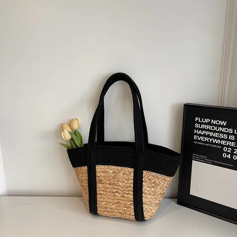Damen Casual Stroh Patchwork Tote Bag Große Kapazität Handgewebte Sommer Strand Umhängetasche Minimalistische Handtasche