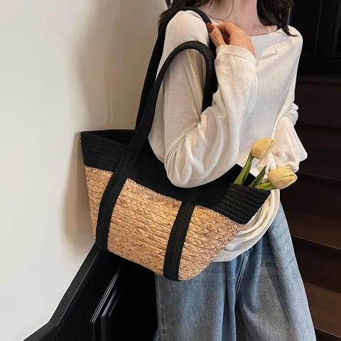 Damen Casual Stroh Patchwork Tote Bag Große Kapazität Handgewebte Sommer Strand Umhängetasche Minimalistische Handtasche