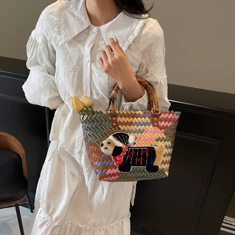 Vintage Hand-woven Straw Tote Bag With Bamboo Handle For Women Cartoon Dog Embroidery Patch Retro Street Style Shoulder Handbag