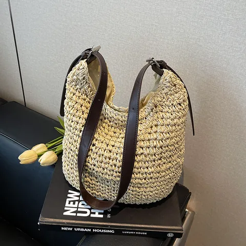 Damen Sommer Stroh Gewebte Schultertasche Große Kapazität Strand Urlaub Tote Mit Verstellbarem Lederriemen Handgefertigte Hobo Tasche