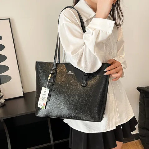 Women Large Capacity PU Leather Tote Bag Fashion Crinkle Texture Shoulder Bag Casual Office Commuter Handbag