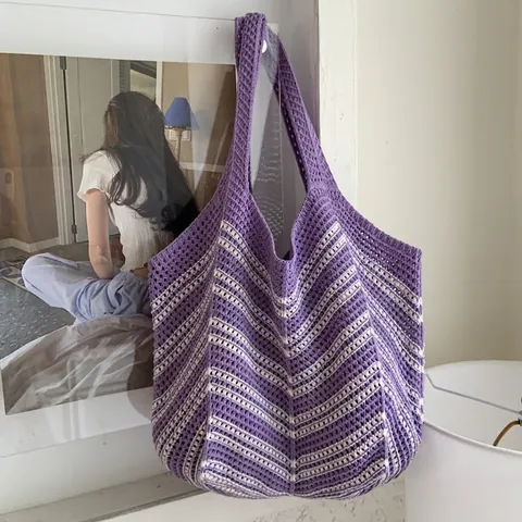 Bolso Tote de Punto a Rayas para Mujer Gran Capacidad Bolso de Hombro de Ganchillo Casual Vintage para Vacaciones
