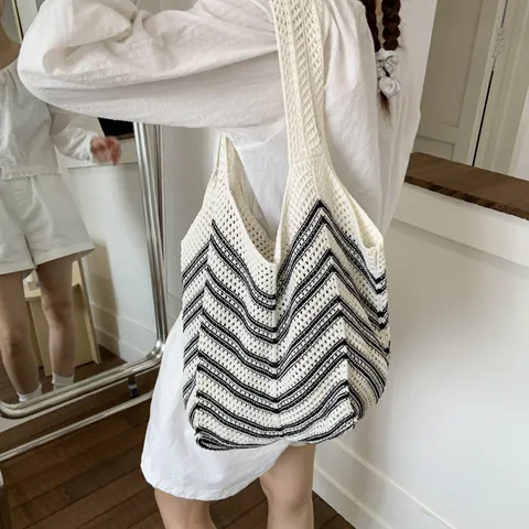 Bolso Tote de Punto a Rayas para Mujer Gran Capacidad Bolso de Hombro de Ganchillo Casual Vintage para Vacaciones
