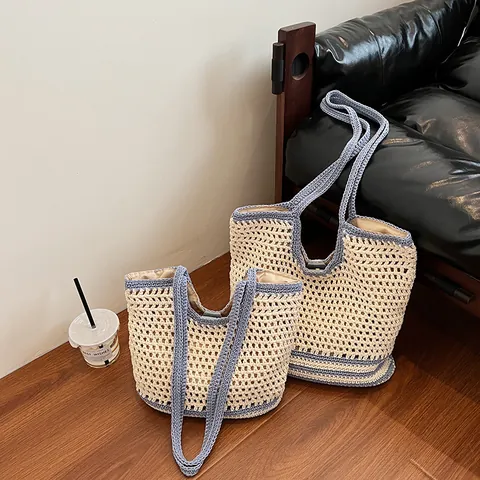 Women Straw Woven Tote Bag Large Capacity Crochet Shoulder Bag For Beach Vacation Casual Hollow Out Handbag With Magnetic Buckle
