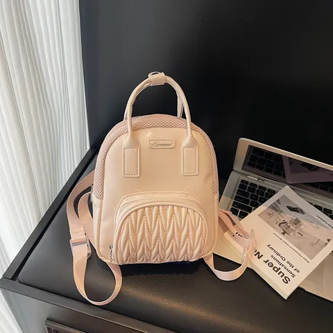 Zaino Mini Moda Donna in Pelle PU Trapuntato Plissettato Borsa a Tracolla Giunzione a Rete Minimalista Pendolarismo