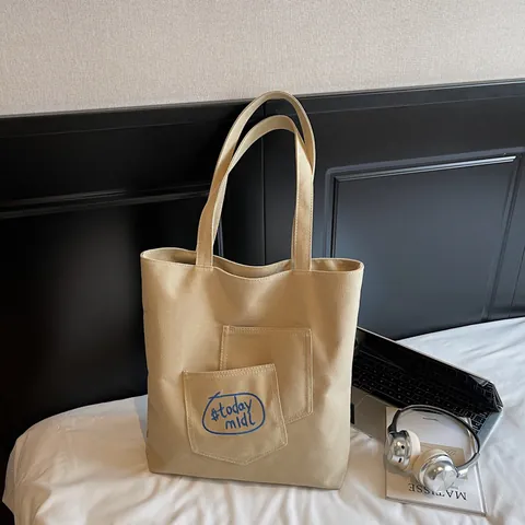 Borsa Tote Casual da Donna in Tela Grande Capacità Borsa a Tracolla Minimalista Con Tasca Applicata Esterna Ricamo Stile College