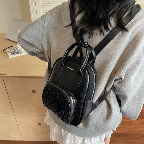 Zaino Mini Moda Donna in Pelle PU Trapuntato Plissettato Borsa a Tracolla Giunzione a Rete Minimalista Pendolarismo