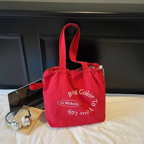 Borsa Tote in Tela Grande Capacità Donna Stile Coreano Stampa Lettere Coulisse Borsa a Spalla Casual Scuola Shopping
