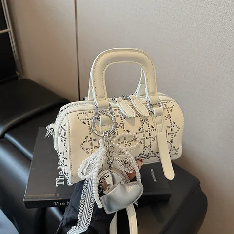 Fashion Women Mini Boston Bag Rhinestone Rivet Geometric Pattern Handbag With Artificial Pearl Bow Heart Charm Shoulder Crossbody Bag