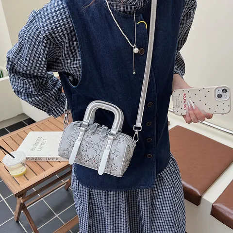 Fashion Women Mini Boston Bag Rhinestone Rivet Geometric Pattern Handbag With Artificial Pearl Bow Heart Charm Shoulder Crossbody Bag