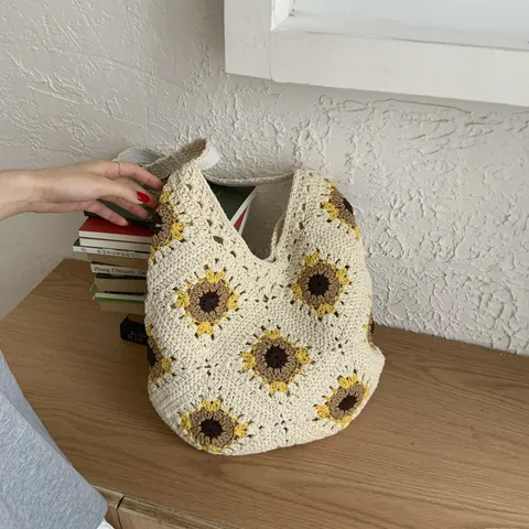 Ethnic Bohemian Flower Woven Tote Bag Women Handmade Crochet Straw Beach Bag Large Capacity Sunflower Pattern Shoulder Bag