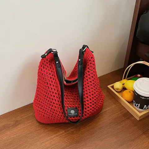 Handgefertigte Hohl Gestrickte Umhängetasche Für Damen Casual Netz-Tragetasche Mit PU-Lederriemen Sommer Strand Urlaub Achseltasche