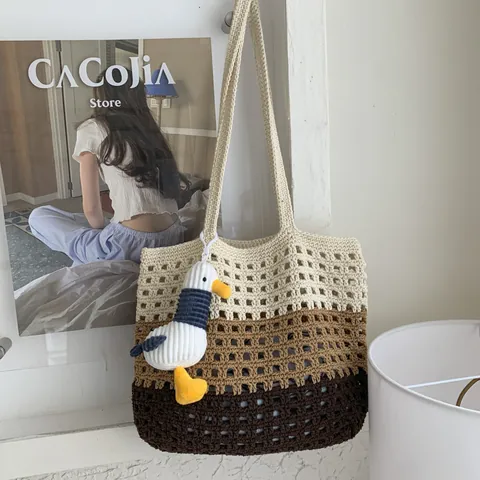Women Casual Handmade Woven Crochet Tote Bag Large Capacity Color Block Hollow Mesh Shoulder Bag With Seagull Plush Charm Summer Beach Vacation Handbag