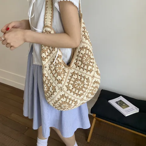 Ethnic Bohemian Flower Woven Tote Bag Women Handmade Crochet Straw Beach Bag Large Capacity Sunflower Pattern Shoulder Bag
