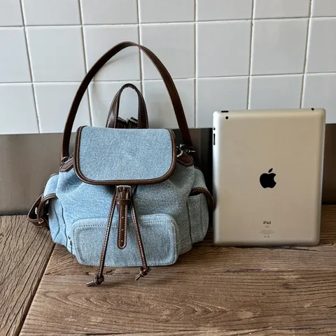 Dames Vintage Denim Rugzak Casual Canvas Rugzak Met PU-Lederen Afwerking Flap Drawstring Grote Capaciteit Mode Reistas