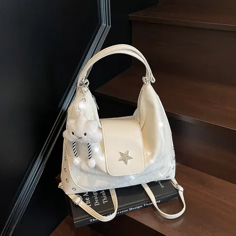 Korean Style Women PU Leather Tote Bag Large Capacity Wrinkled Shoulder Bag With Star Rhinestone Rivets And Cloud Plush Pendant