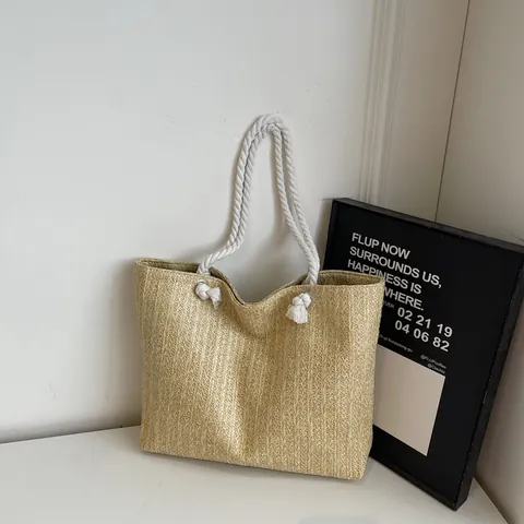 Women Straw Woven Tote Bag Large Capacity Beach Vacation Handbag With Cotton Rope Handle Casual Shoulder Bag For Summer