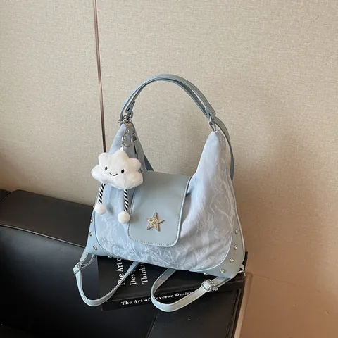 Korean Style Women PU Leather Tote Bag Large Capacity Wrinkled Shoulder Bag With Star Rhinestone Rivets And Cloud Plush Pendant