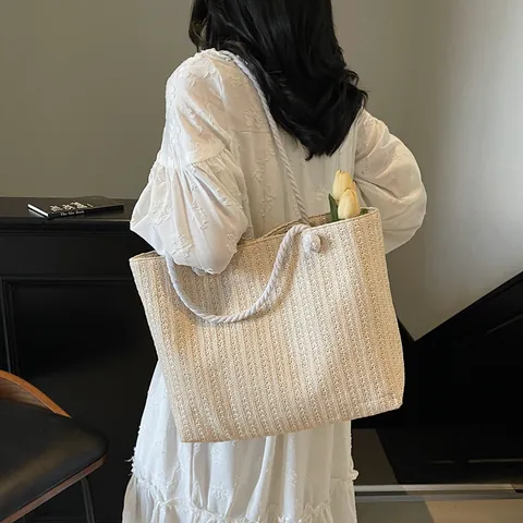 Women Straw Woven Tote Bag Large Capacity Beach Vacation Handbag With Cotton Rope Handle Casual Shoulder Bag For Summer
