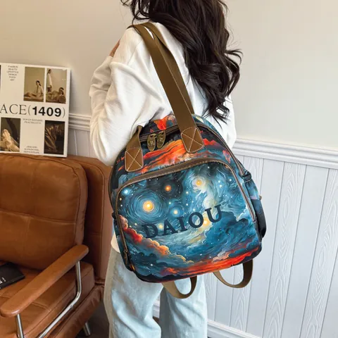 Women Artistic Print Canvas Backpack Large Capacity Fashion Tote Bag For School Travel Daily Use Casual Streetwear Bag