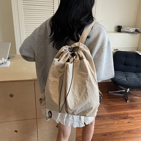 Sac à Dos à Cordon pour Femmes Mode Grande Capacité Sac Cabas en Denim Décontracté Simple Couleur Unie Sac à Bandoulière pour École Voyage