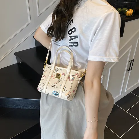 Damen Mode Graffiti PU Leder Tote Handtasche Casual Bunter Cartoon Druck Umhängetasche Crossbody Tasche Mit Goldener Hardware