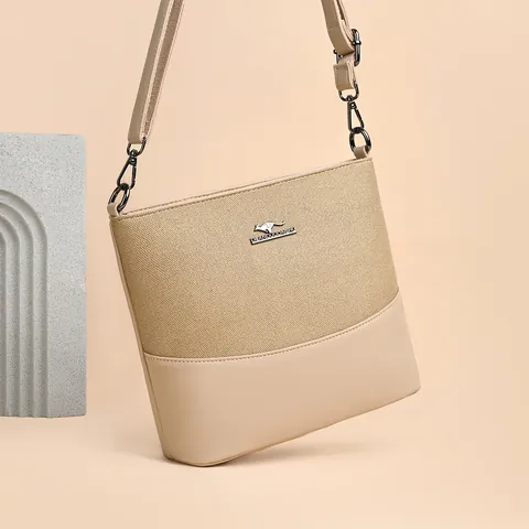 Women Large Capacity PU Leather Fabric Patchwork Bucket Bag Minimalist Casual Shoulder Crossbody Bag Waterproof Mommy Handbag