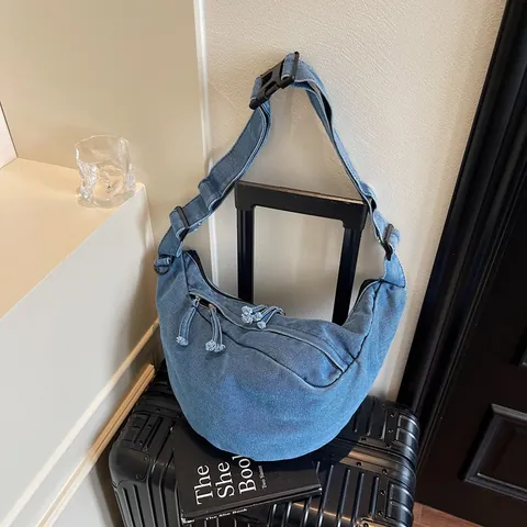 Women Fashion Denim Crescent Crossbody Bag Solid Color Washed Denim Shoulder Bag Adjustable Strap Travel Casual Hobo Bag