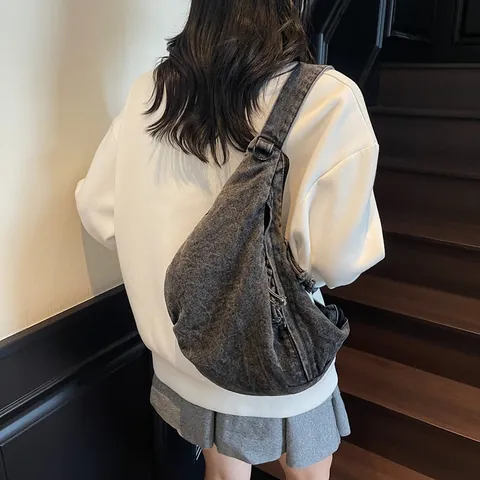 Women Fashion Denim Crescent Crossbody Bag Solid Color Washed Denim Shoulder Bag Adjustable Strap Travel Casual Hobo Bag