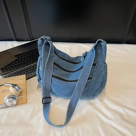 Sac Fourre-Tout en Denim Décontracté pour Femmes Grande Capacité Multi-Poches Sac à Épaule Bandoulière pour École Bureau Sac à Main Simple