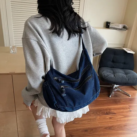 Sac Fourre-Tout en Denim Décontracté pour Femmes Grande Capacité Multi-Poches Sac à Épaule Bandoulière pour École Bureau Sac à Main Simple