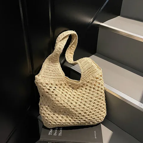 Damen Stroh Tragetasche Hohl Geschnitten Handgewebt Strand Urlaub Schultertasche Große Kapazität Lässige Bohemian Sommer Handtasche