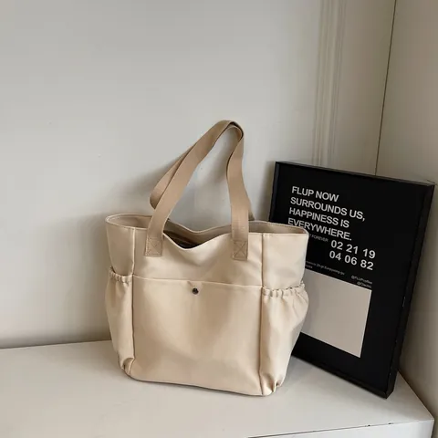 Women Large Nylon Tote Bag Lightweight Multi Pocket Solid Color Shoulder Handbag For Everyday Commute Travel Fashion Bag