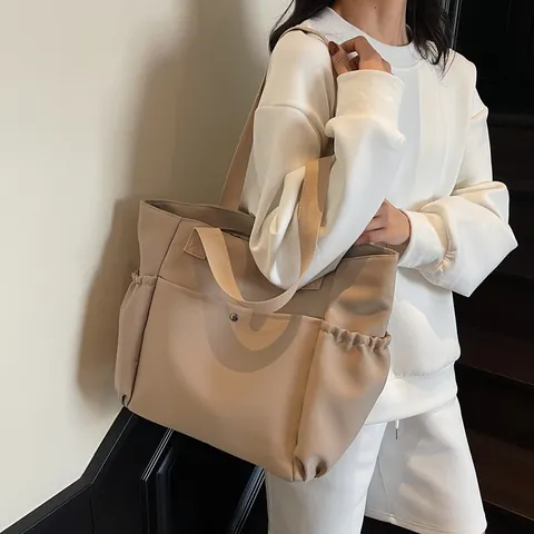 Women Large Nylon Tote Bag Lightweight Multi Pocket Solid Color Shoulder Handbag For Everyday Commute Travel Fashion Bag