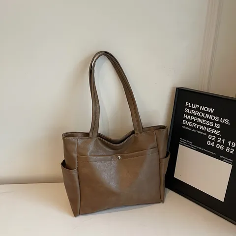 Large Capacity PU Leather Tote Bag For Women Vintage Minimalist Shoulder Bag With Metal Buckle Front Pocket For Commute