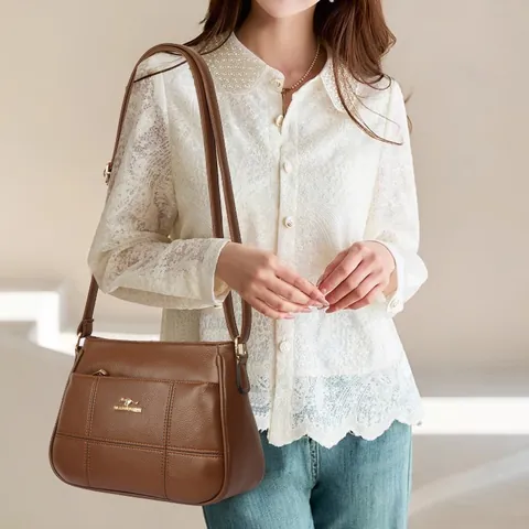 Bolso Bandolera de Cuero PU para Mujer Textura Litchi Elegante Bolso de Hombro con Pespuntes Gran Capacidad Multicompartimento Bolso de Mano para Diario