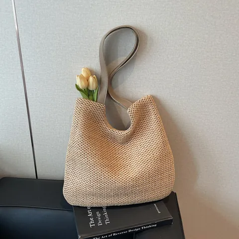 Damen Vintage Gewebte Stroh-Tote-Bag Große Kapazität Sommer Strand Urlaub Schultertasche Magnetverschluss Reißverschlusstasche