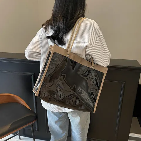 Women Korean Style Large Capacity Transparent PVC Tote Bag With Rope Handle Minimalist Waterproof Jelly Sub-mother Bag For Beach Travel