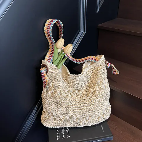 Summer Straw Woven Tote Bag For Women Large Capacity Beach Shoulder Bag With Ethnic Ribbon Strap Hollow Floral Design