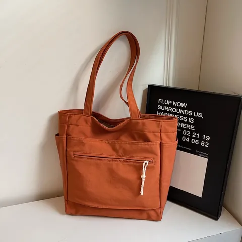 Bolso Tote de Lona para Mujer Gran Capacidad Minimalista Color Sólido Bolso de Hombro Con Bolsillo Delantero de Cremallera