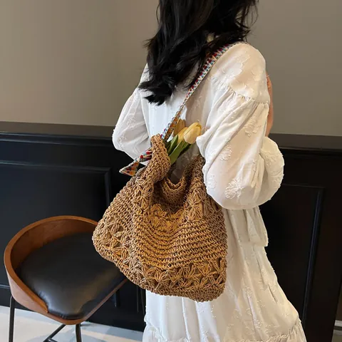 Summer Straw Woven Tote Bag For Women Large Capacity Beach Shoulder Bag With Ethnic Ribbon Strap Hollow Floral Design