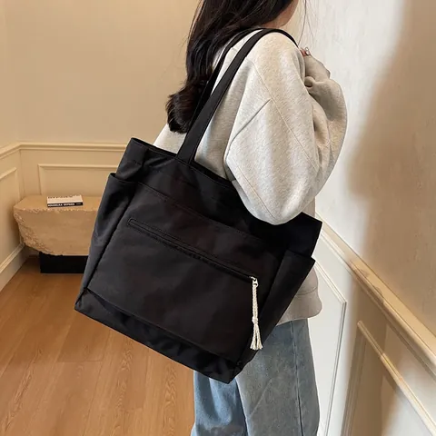 Bolso Tote de Lona para Mujer Gran Capacidad Minimalista Color Sólido Bolso de Hombro Con Bolsillo Delantero de Cremallera